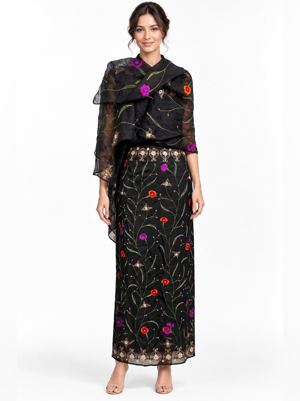 Chetta B Evening Silk Embroidered Floral Maxi Skirt & Scarf Set Size 6 VTG
